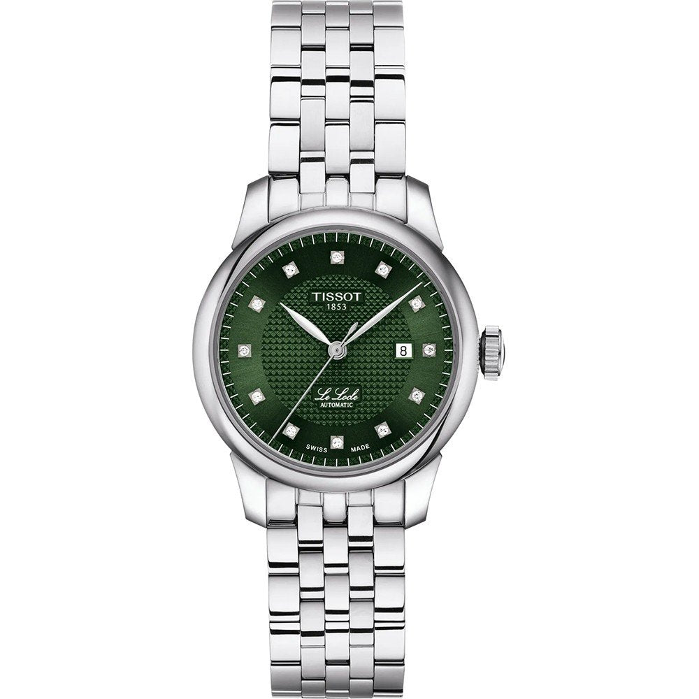 Zilveren horloge met groene wijzerplaat, diamantvormige indexen en een metalen schakelband.