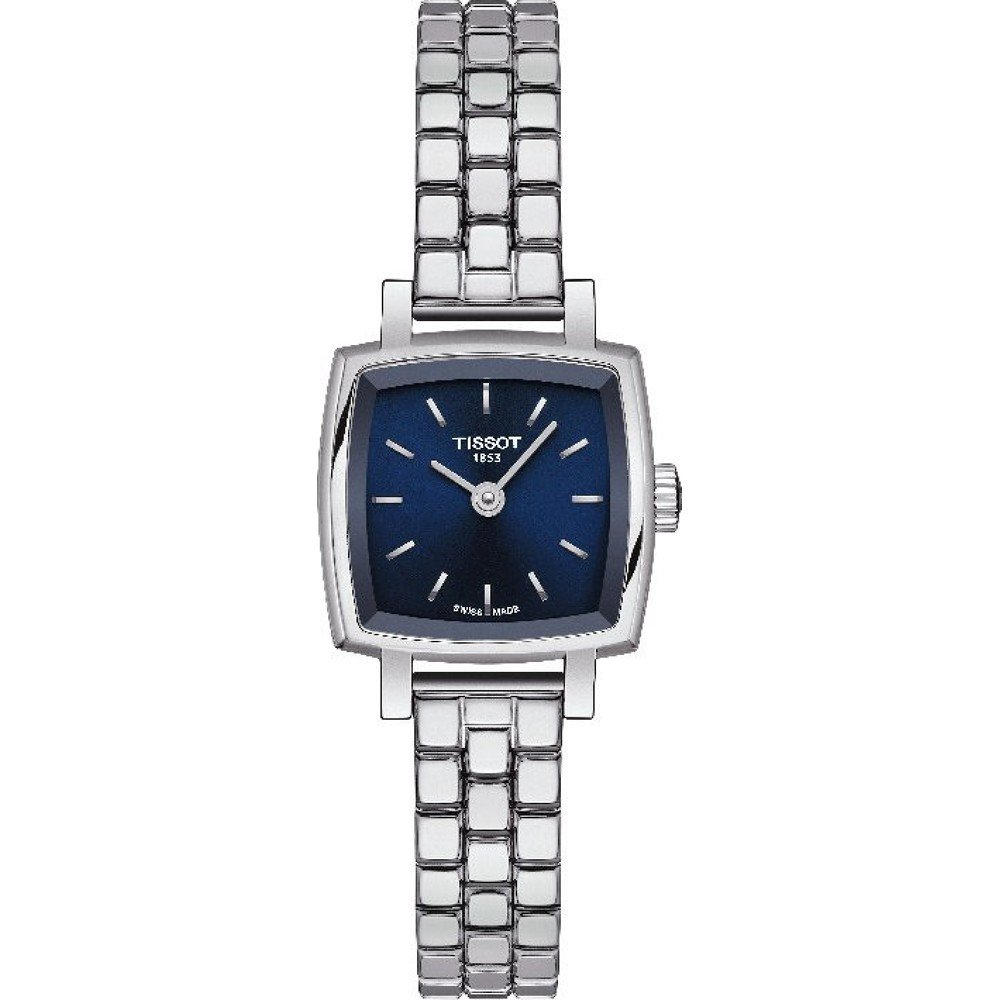 Zilveren horloge met vierkante kast en blauwe wijzerplaat, voorzien van een schakelband.