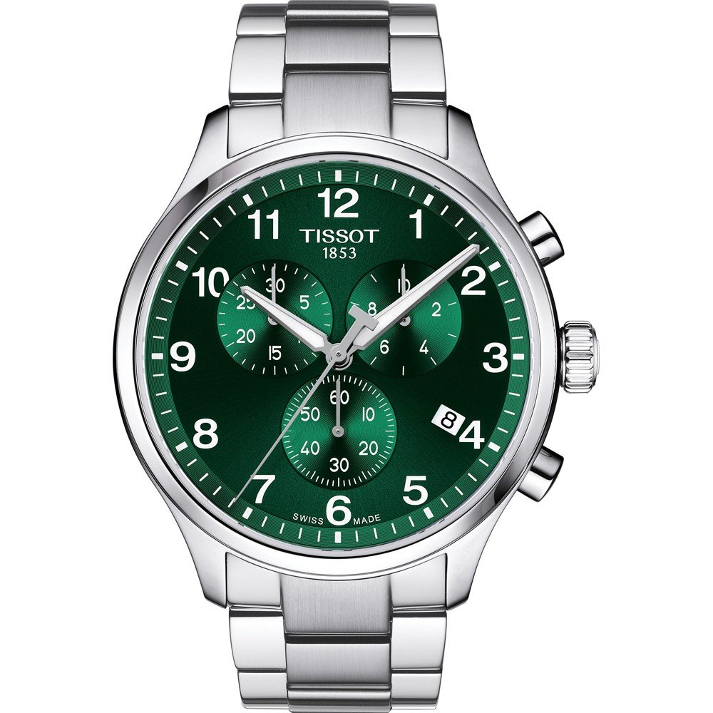 Zilveren chronograaf met groene wijzerplaat en drie sub-dials.