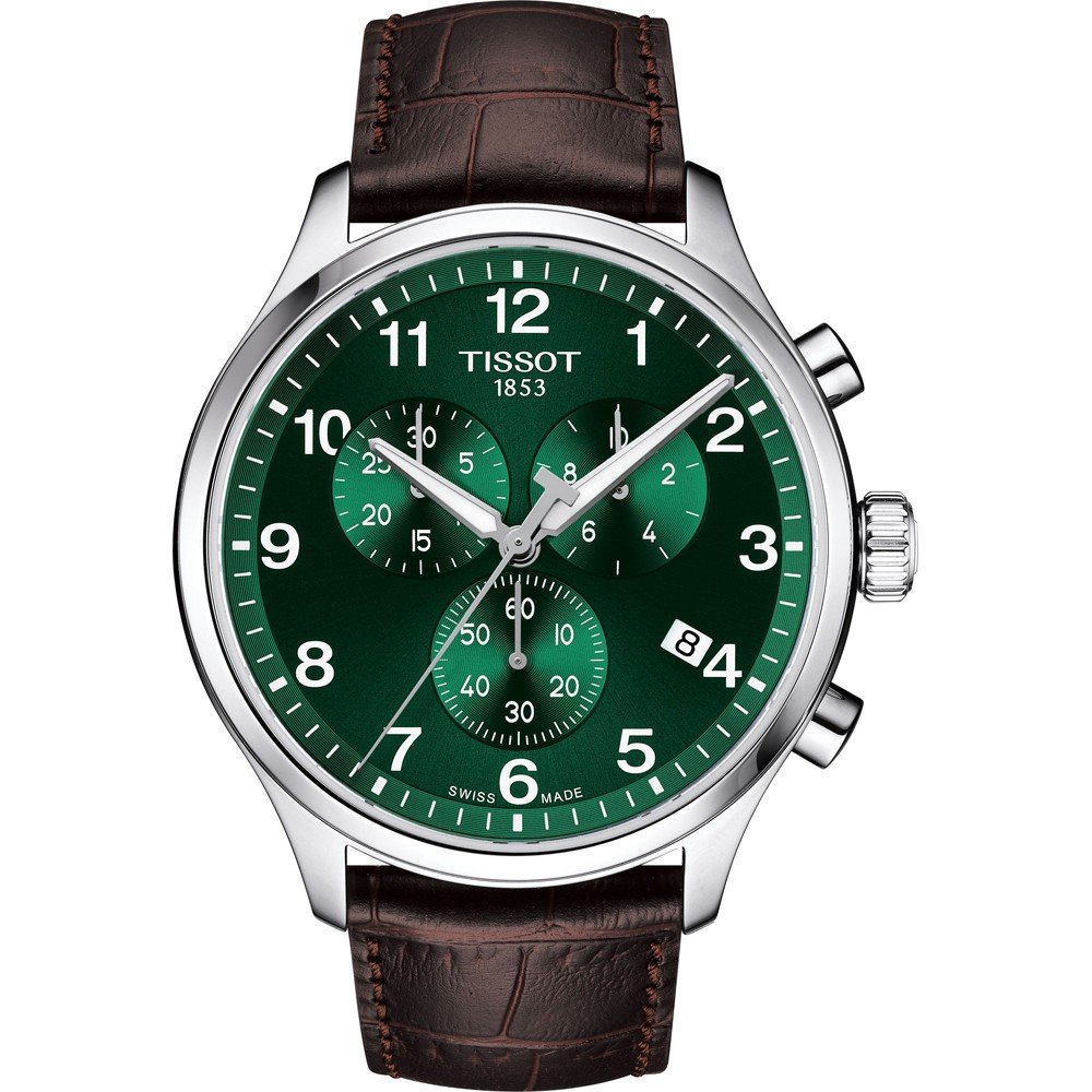 Herenhorloge met groene wijzerplaat, chronograaffunctie, zilveren kast en bruine leren band.