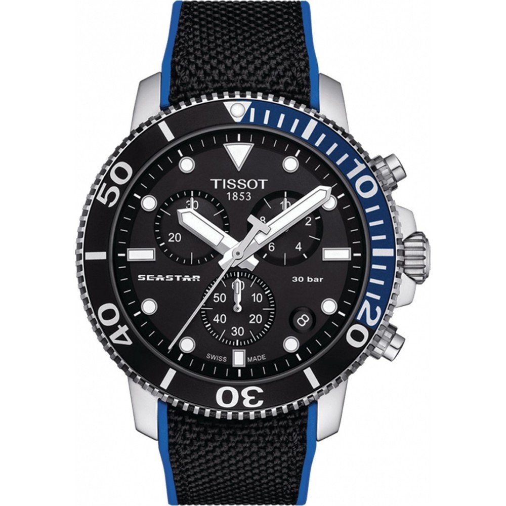 Zwart Tissot Seastar 1000 chronograaf met stalen kast, zwarte wijzerplaat en blauwe details, mesh-band.