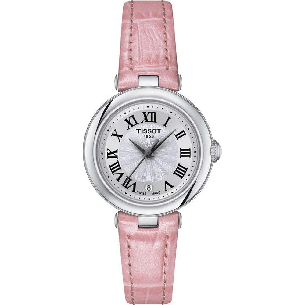 Roze leren band met zilveren horloge, ronde wijzerplaat met Romeinse cijfers en een glanzende afwerking.