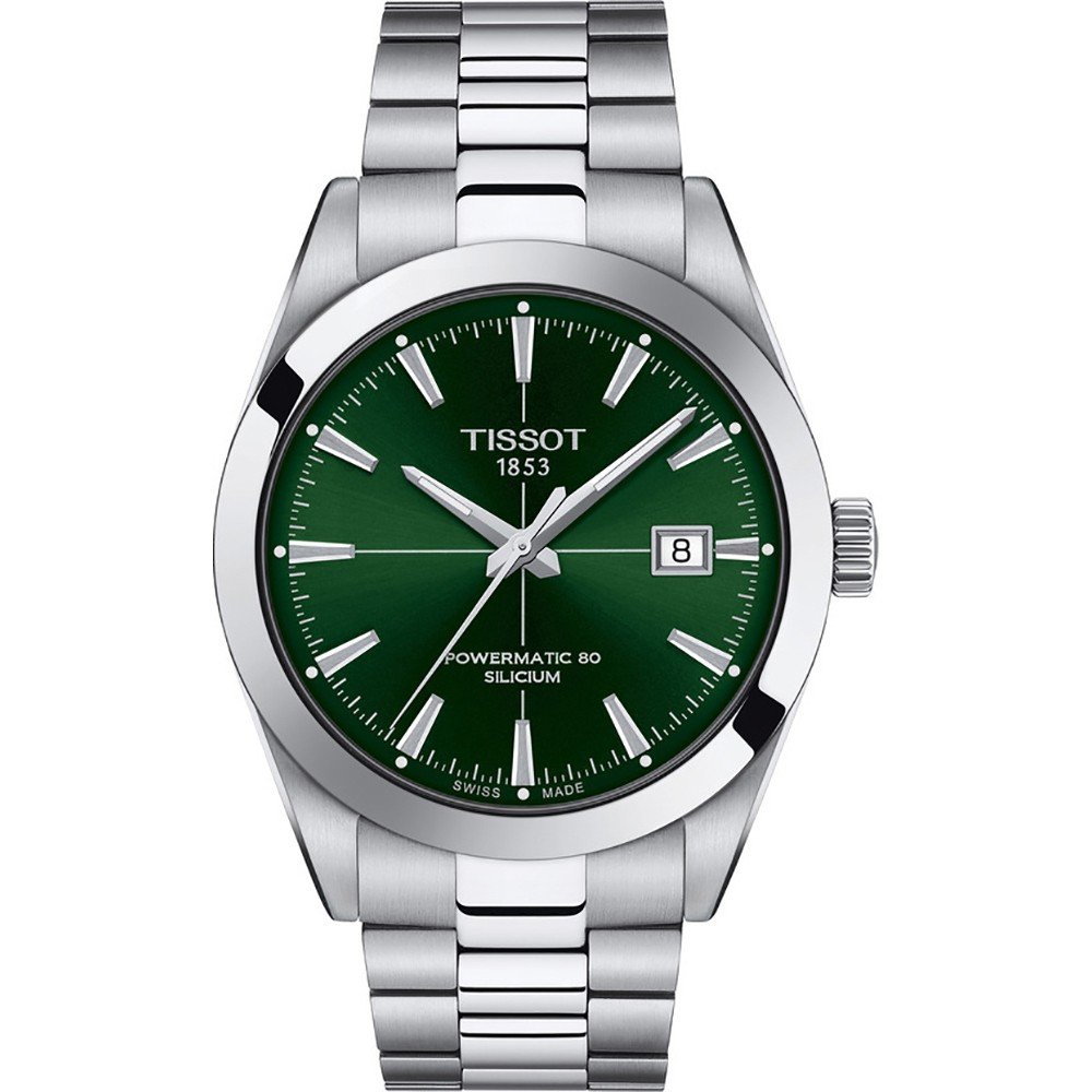 Zilveren horloge met groene wijzerplaat, datumschaal en stalen armband.