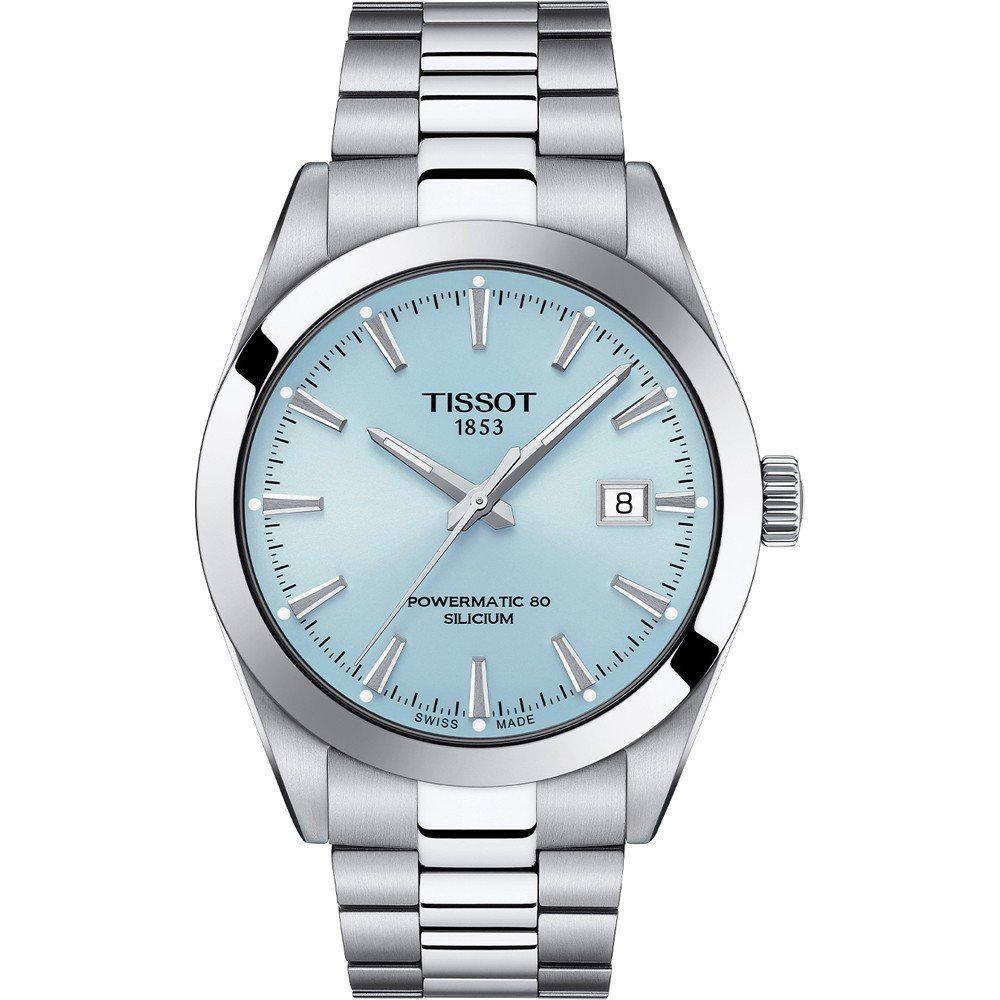 Zilveren horloge met een lichtblauwe wijzerplaat, datumschaal en een stalen schakelband.