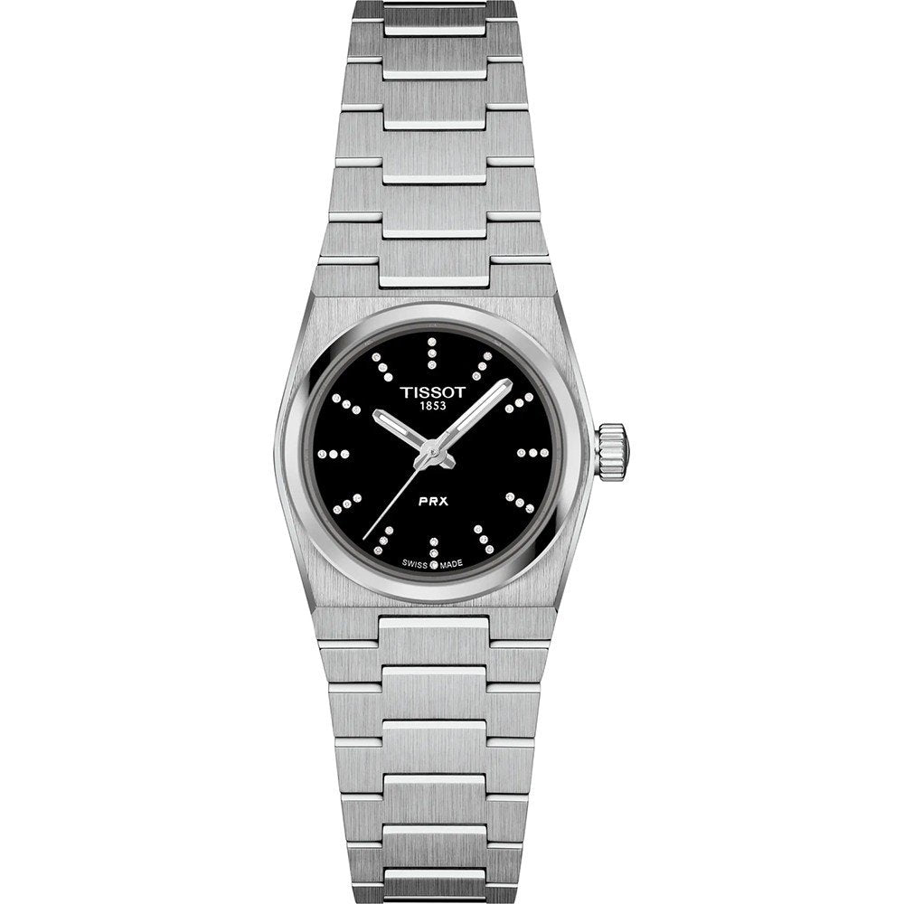 Zilveren Tissot PRX horloge met een zwarte wijzerplaat en een metalen schakelband.