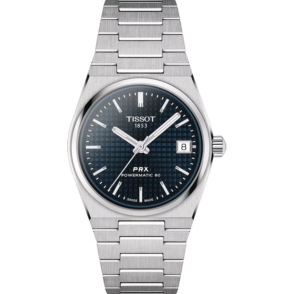 Stalen horloge met een blauwe wijzerplaat, datumaanduiding en een mesh-band.