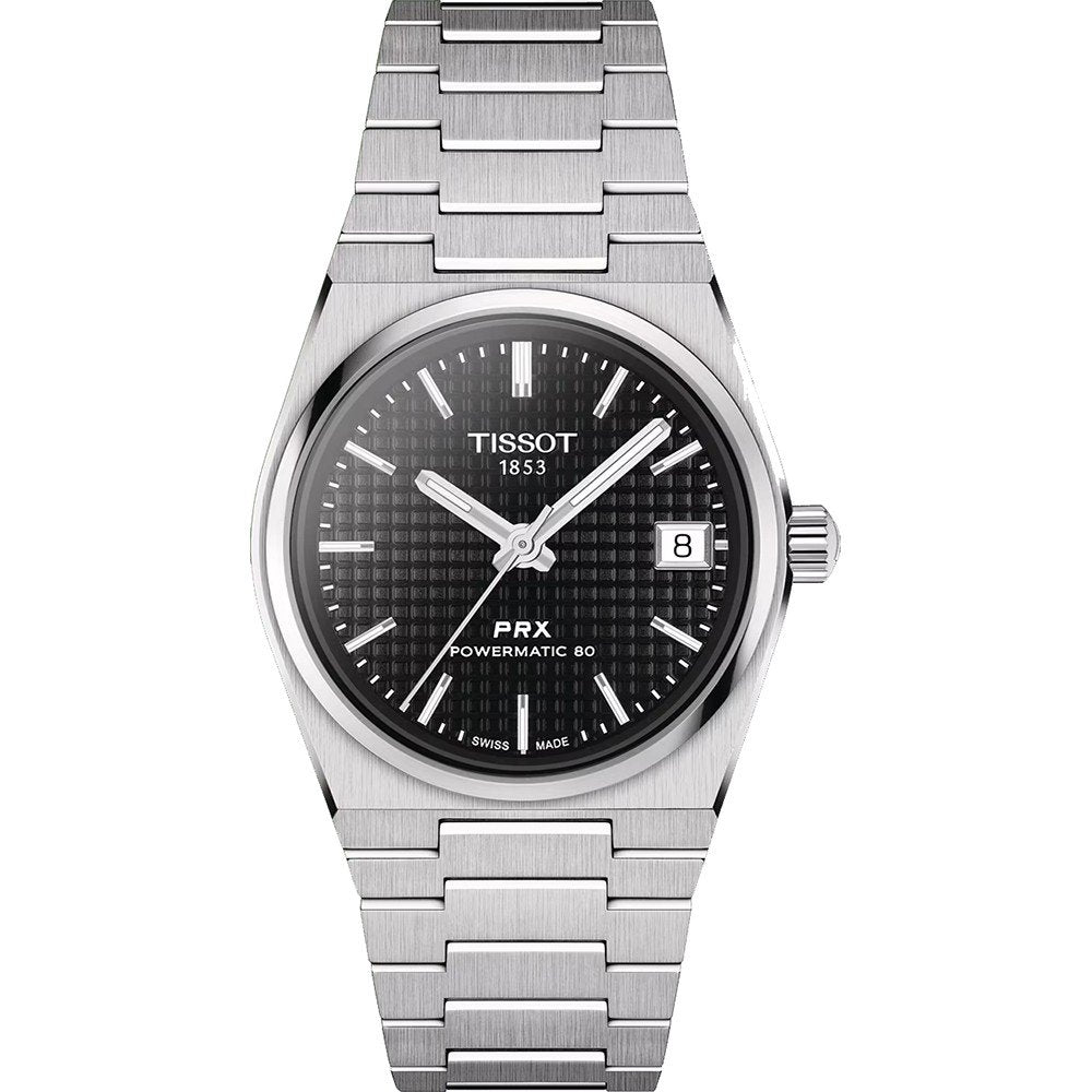 Zilveren horloge met zwarte wijzerplaat, datumaanduiding en stalen schakelband.