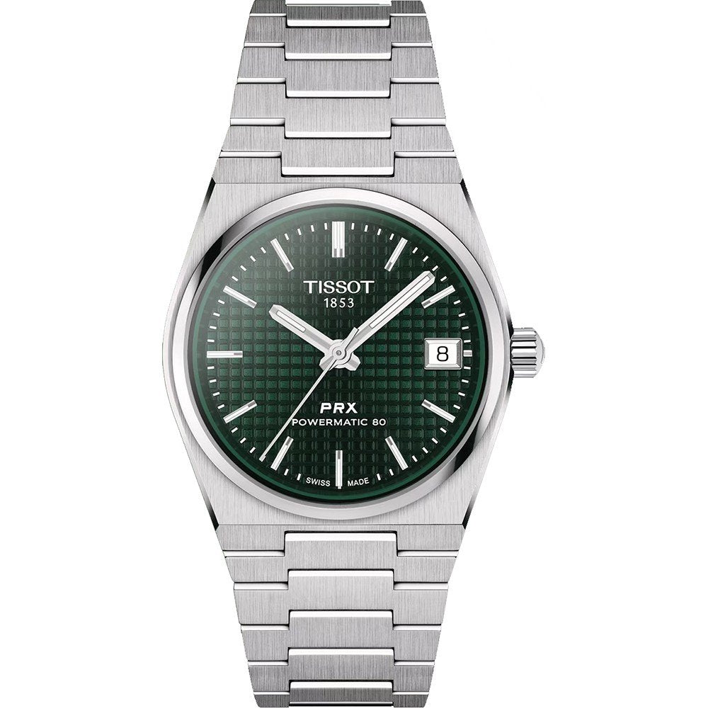 Stalen horloge met groene wijzerplaat, datumschaal en een schakelband.