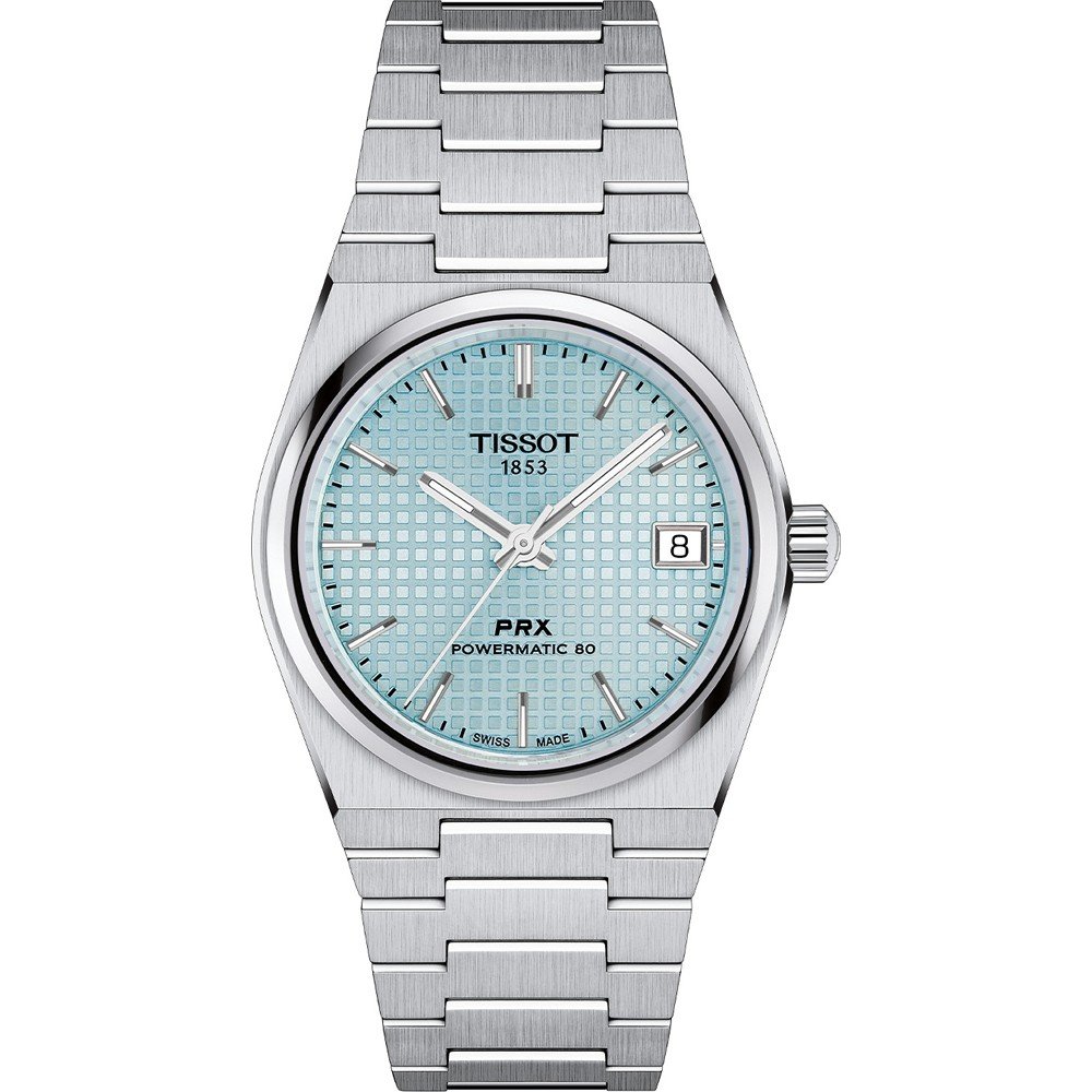 Stalen horloge met een lichtblauwe wijzerplaat, datumschaal en een metalen schakelband.