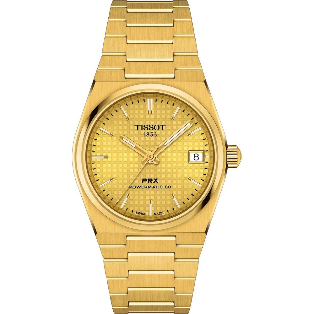 Gouden Tissot PRX Powermatic 80 horloge met een gele wijzerplaat en een stalen schakelband.