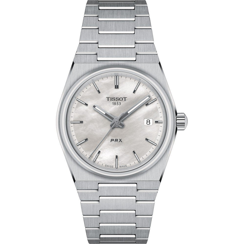 Zilveren Tissot PRX horloge met een parelmoer wijzerplaat en een stalen schakelband.