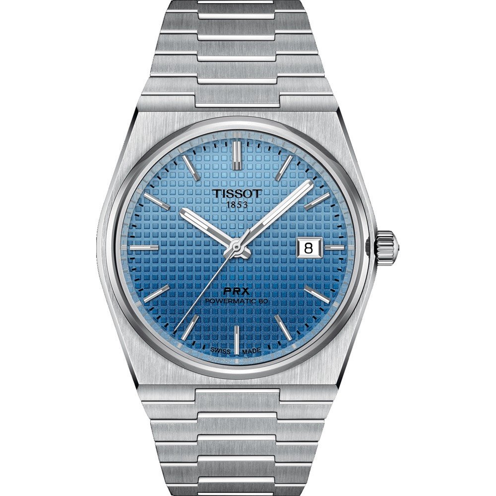 Stalen horloge met een 40mm blauwe gradient wijzerplaat, datumschaal en een mesh-band.