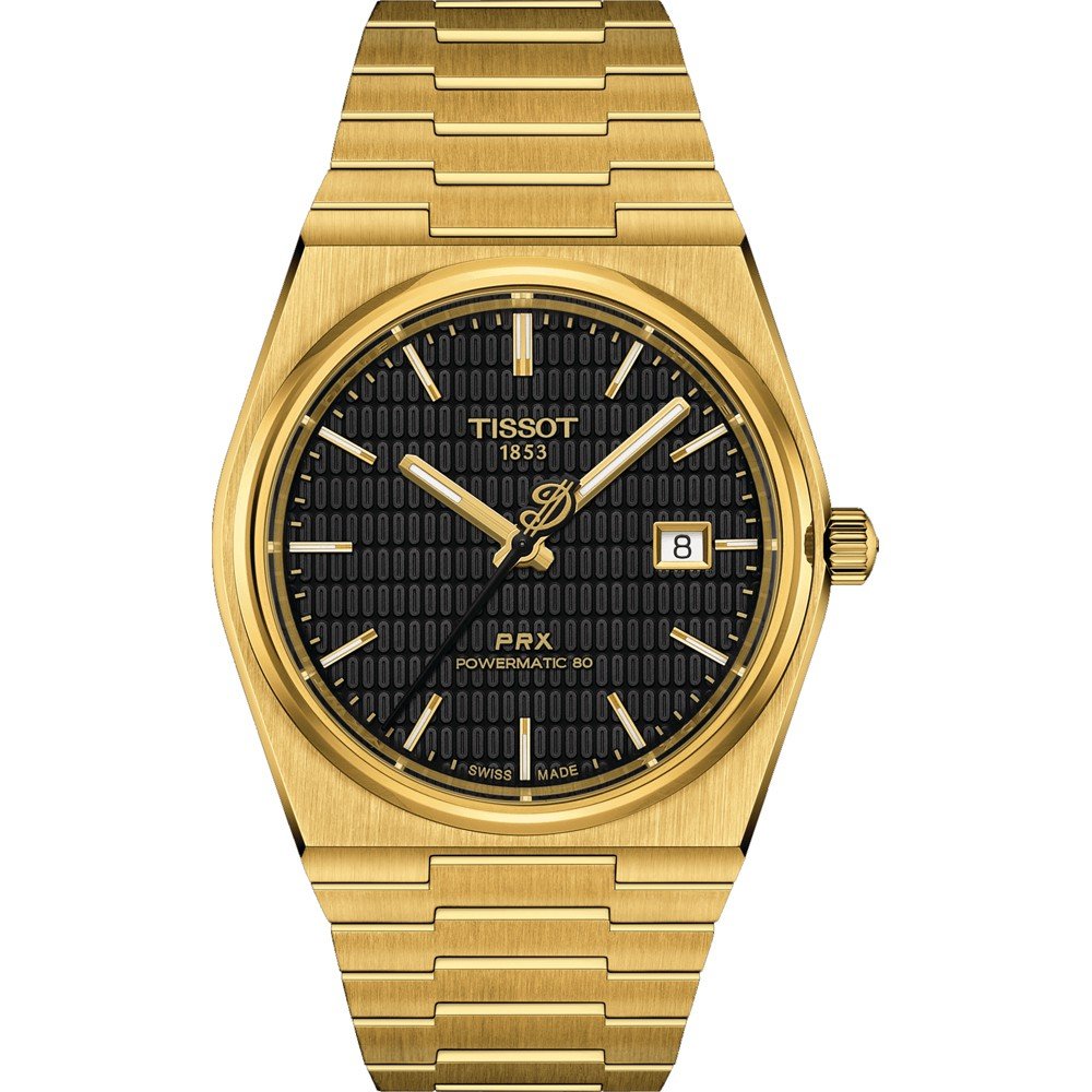 Gouden horloge met zwarte wijzerplaat, stalen band en datumaanduiding.