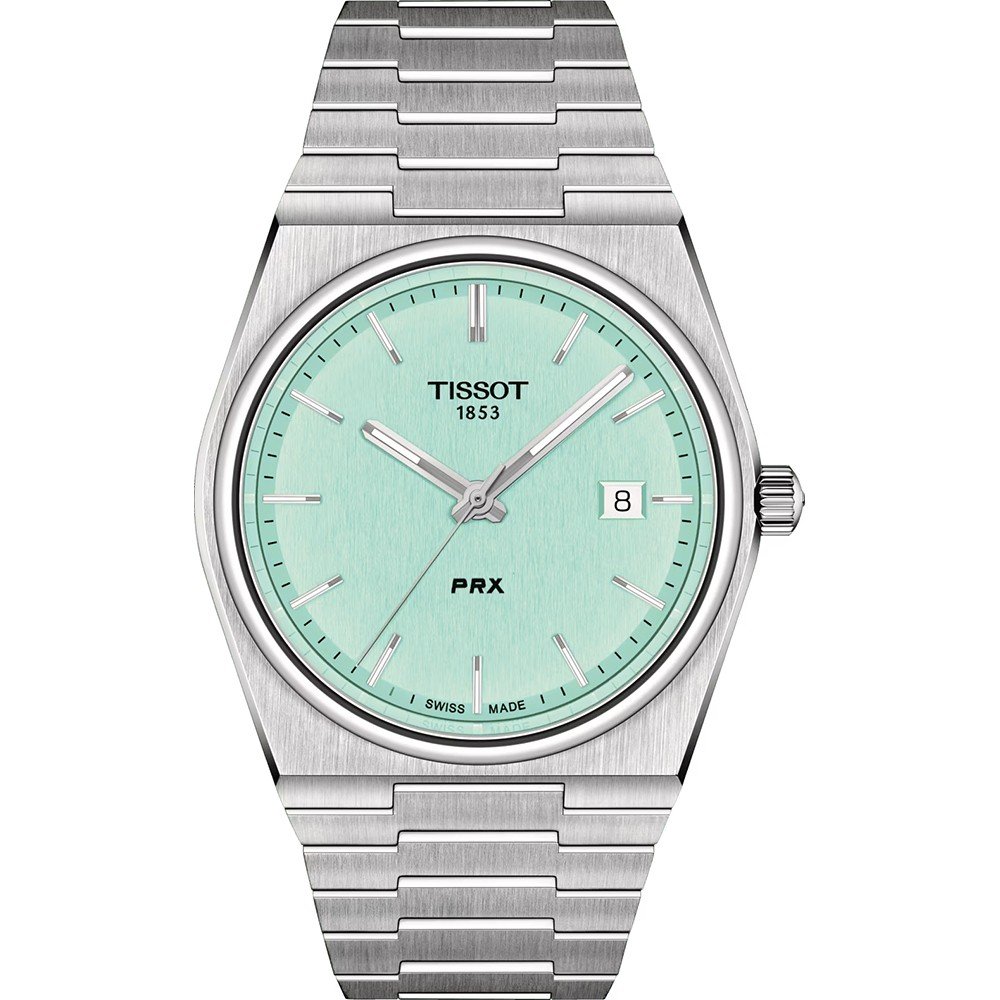 Zilveren horloge met mintgroene wijzerplaat, datumschaal en stalen schakelband.