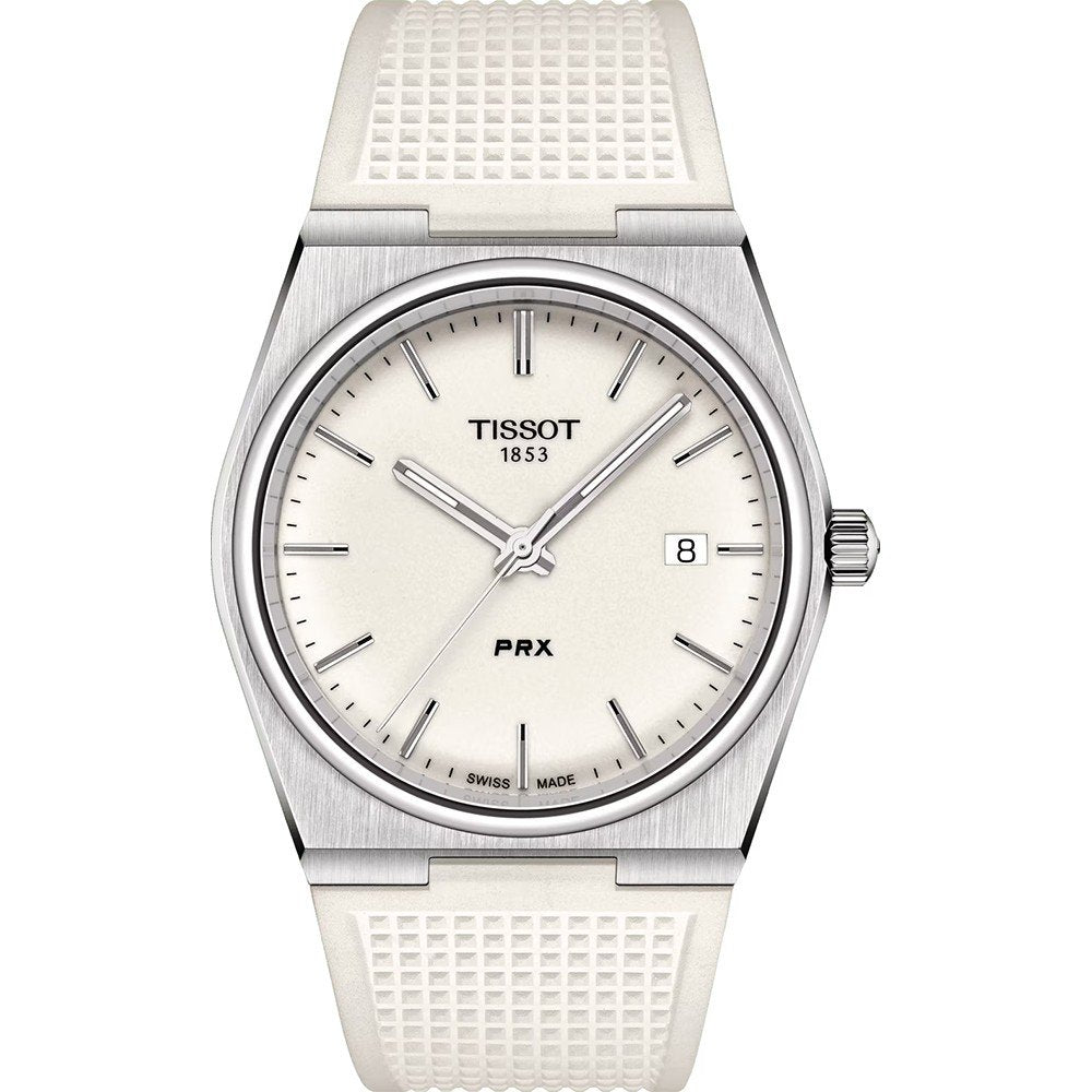 Zilveren horloge met witte wijzerplaat, stalen kast en rubberen band.