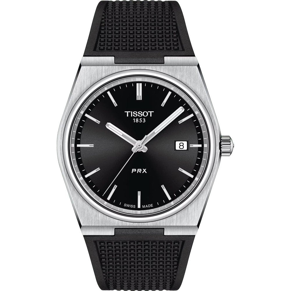 Zilveren horloge met zwarte wijzerplaat, datumaanduiding en rubberen band.