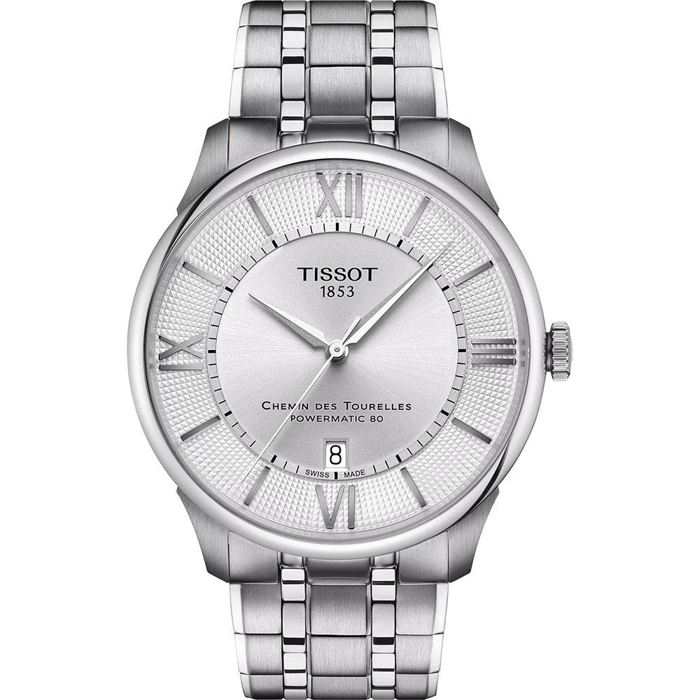 Zilveren horloge met een ronde wijzerplaat, Romeinse cijfers en een metalen schakelband.