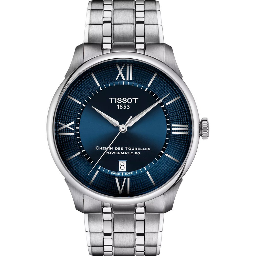 Stalen horloge met een blauwe wijzerplaat, Romeinse cijfers en een datumaanduiding op 6 uur.
