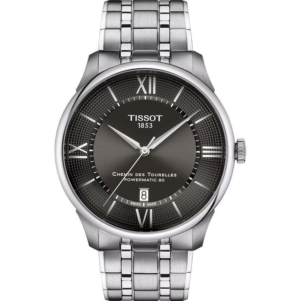 Zilveren horloge met een grijze wijzerplaat, Romeinse cijfers en een stalen schakelband.