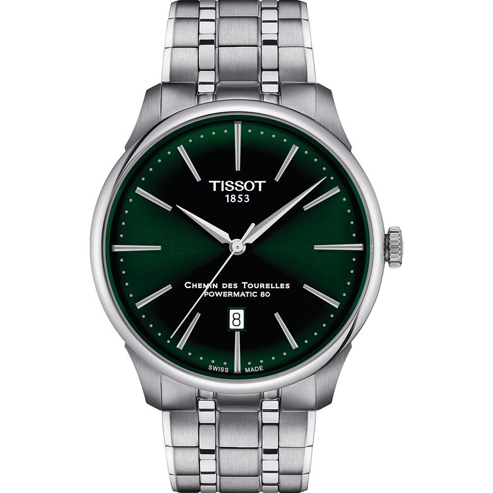 Zilveren horloge met een groene wijzerplaat, datumschaal en een metalen schakelband.