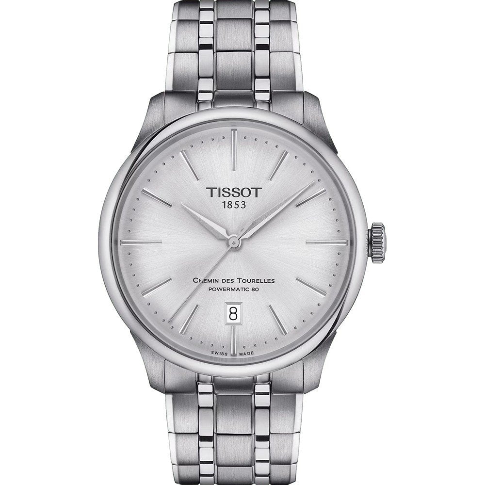 Zilveren horloge met een ronde wijzerplaat, datumweergave en een stalen schakelband.