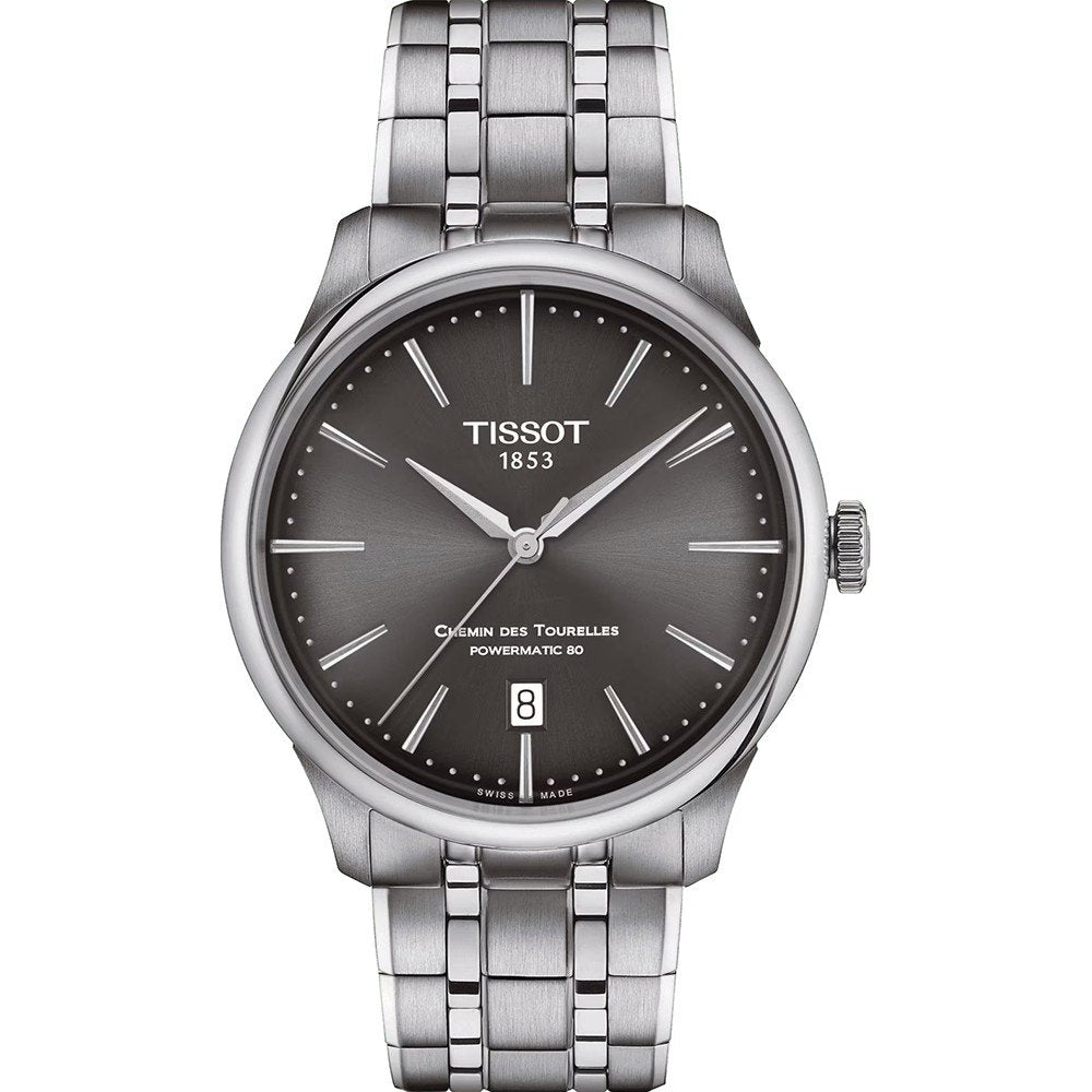 Zilveren horloge met een grijze wijzerplaat, stalen schakelarmband en datumaanduiding op 6 uur.