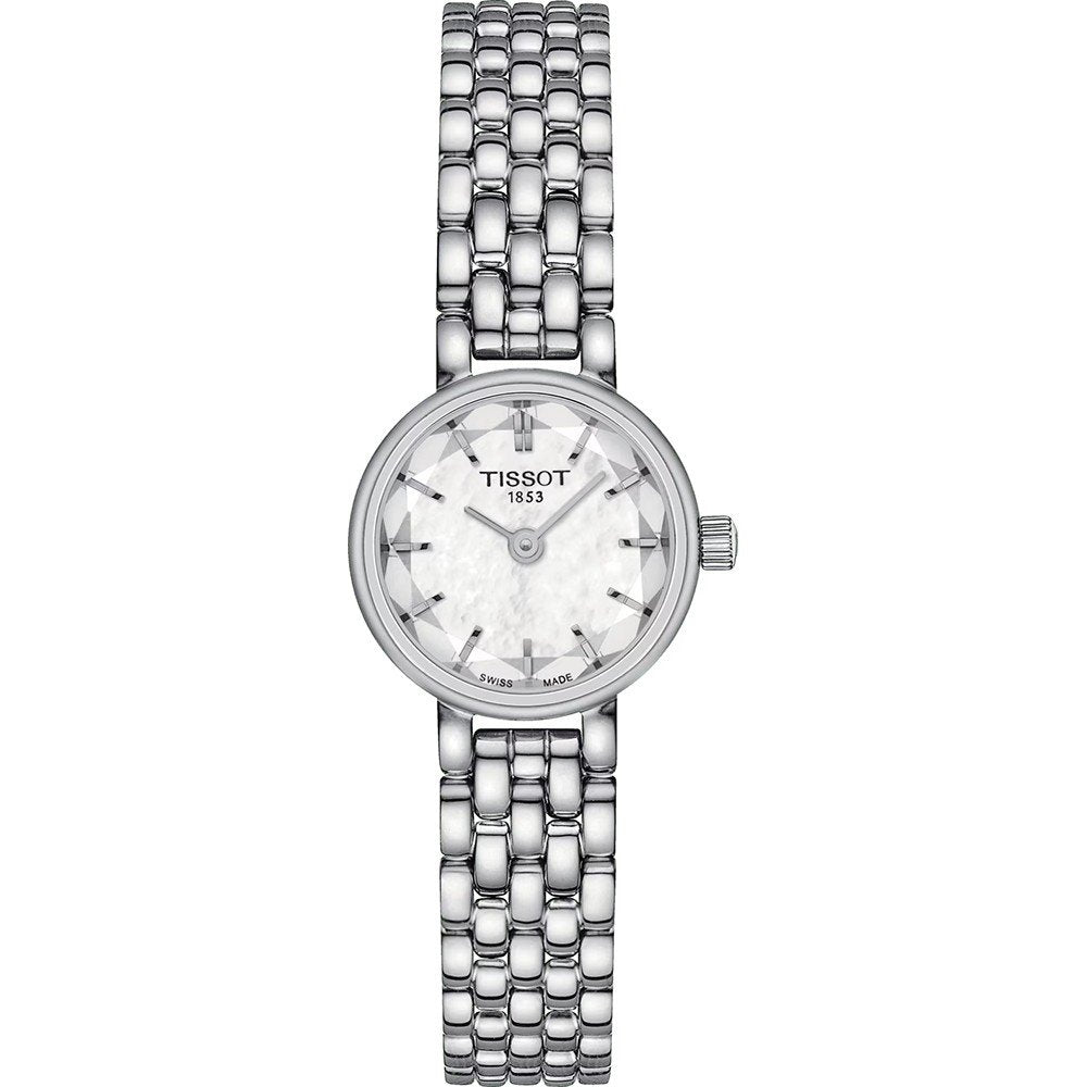 Zilveren horloge met ronde wijzerplaat, parelmoer afwerking en een schakelband.
