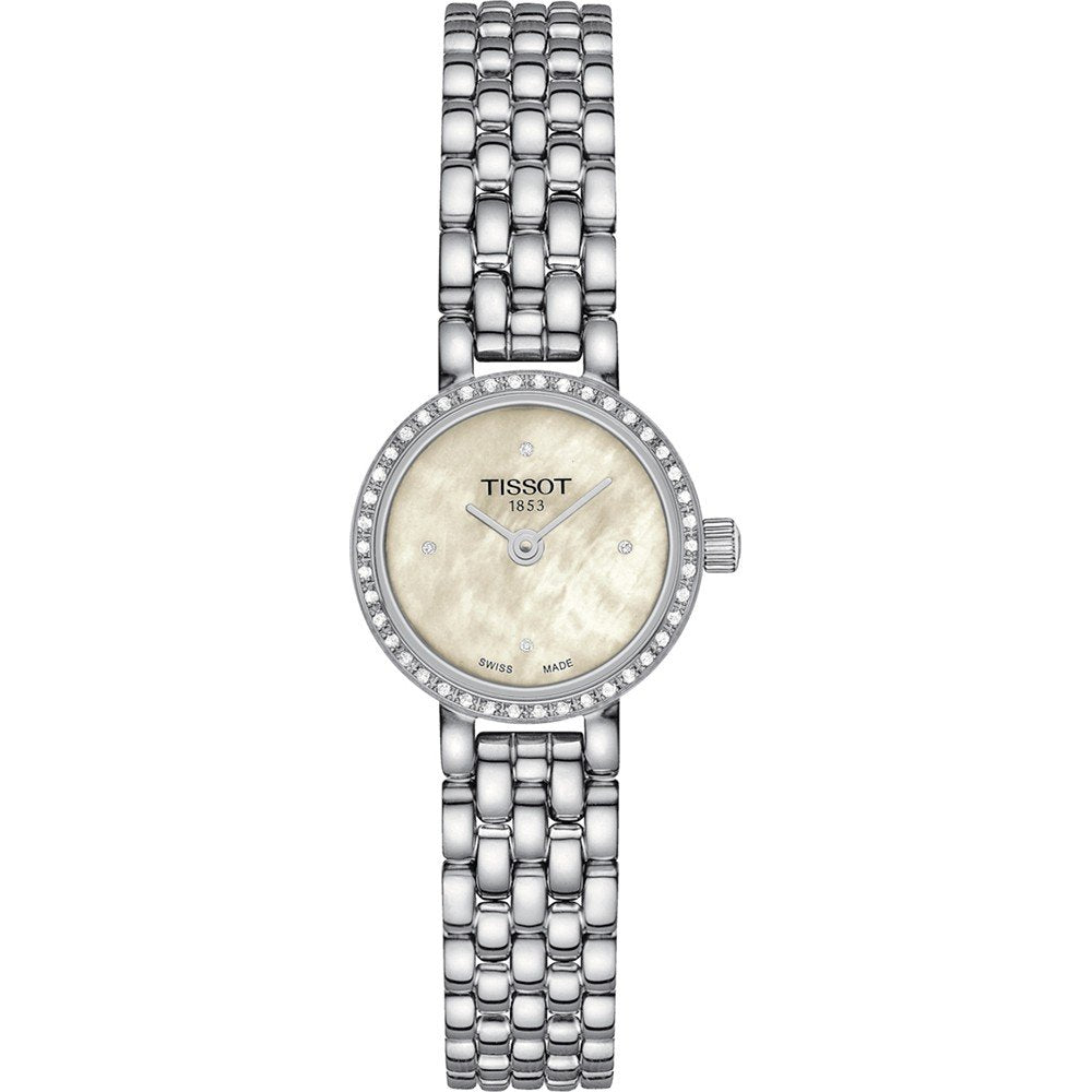 Zilveren horloge met een ronde wijzerplaat en parelmoer afwerking, versierd met steentjes op de bezel.
