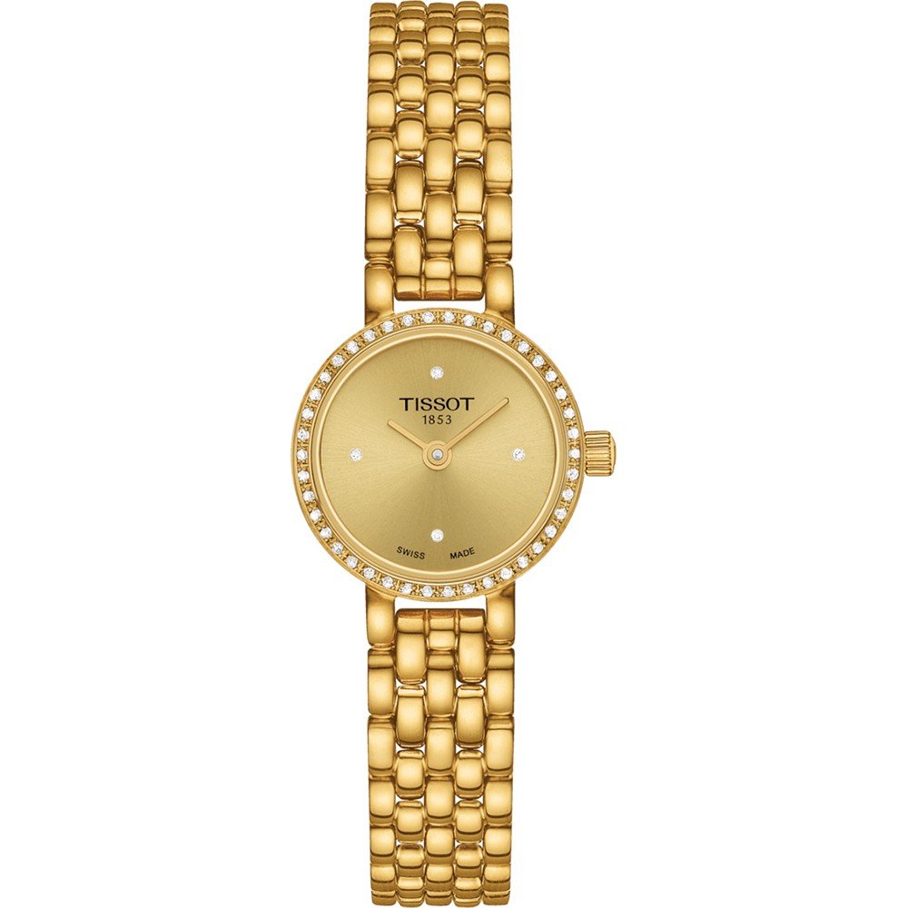 Gouden horloge met ronde wijzerplaat, bezet met steentjes en een schakelband.