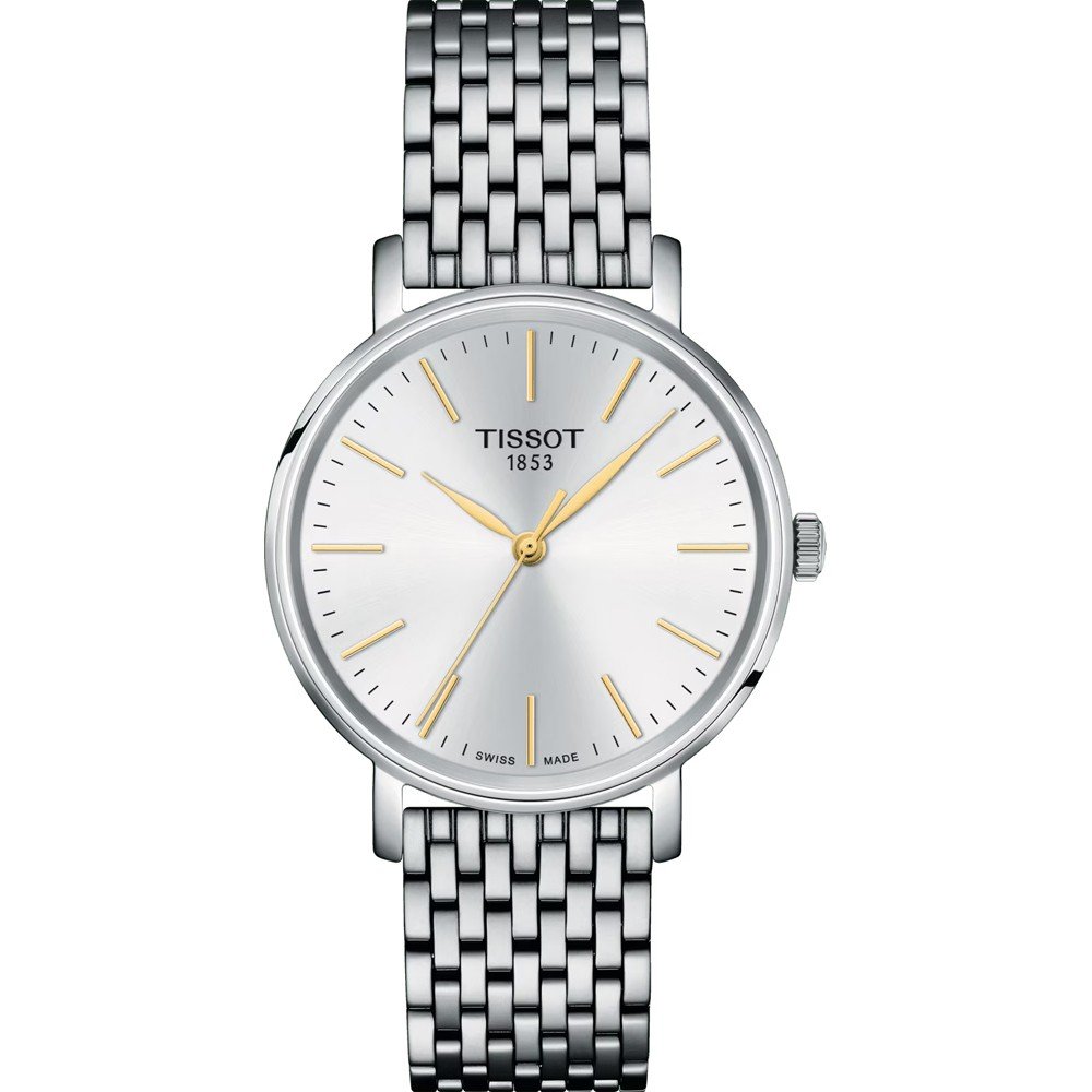 Zilveren horloge met een 34 mm wijzerplaat, mesh-band en gouden accenten op de wijzers.