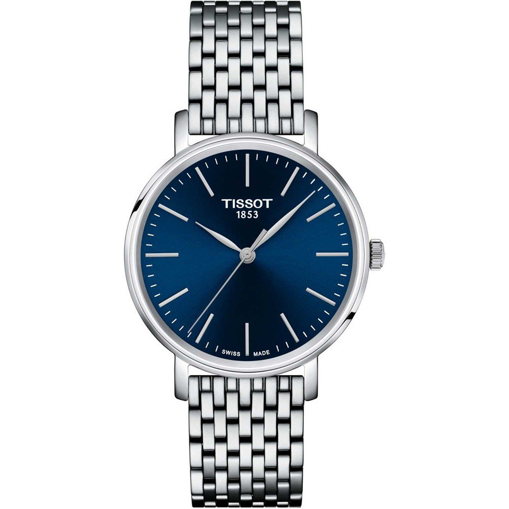 Zilveren horloge met een blauwe wijzerplaat en een mesh-band van staal, 34 mm.