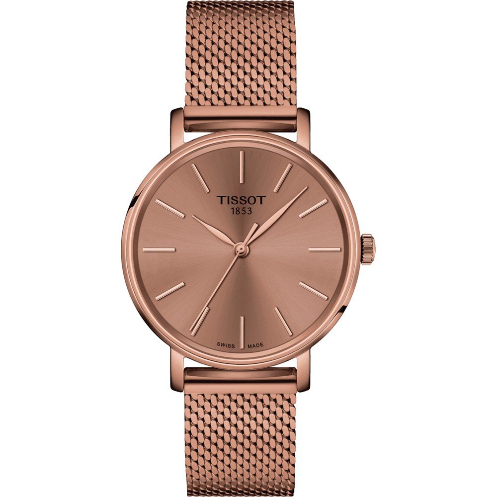 Roségouden horloge met mesh-band, 34 mm wijzerplaat en een glanzende, effen wijzerplaat.