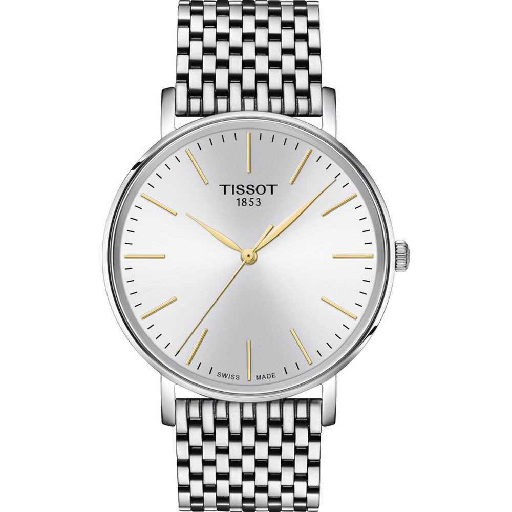 Zilveren horloge met een 40 mm wijzerplaat, mesh-band en een witte wijzerplaat met gouden indexen.