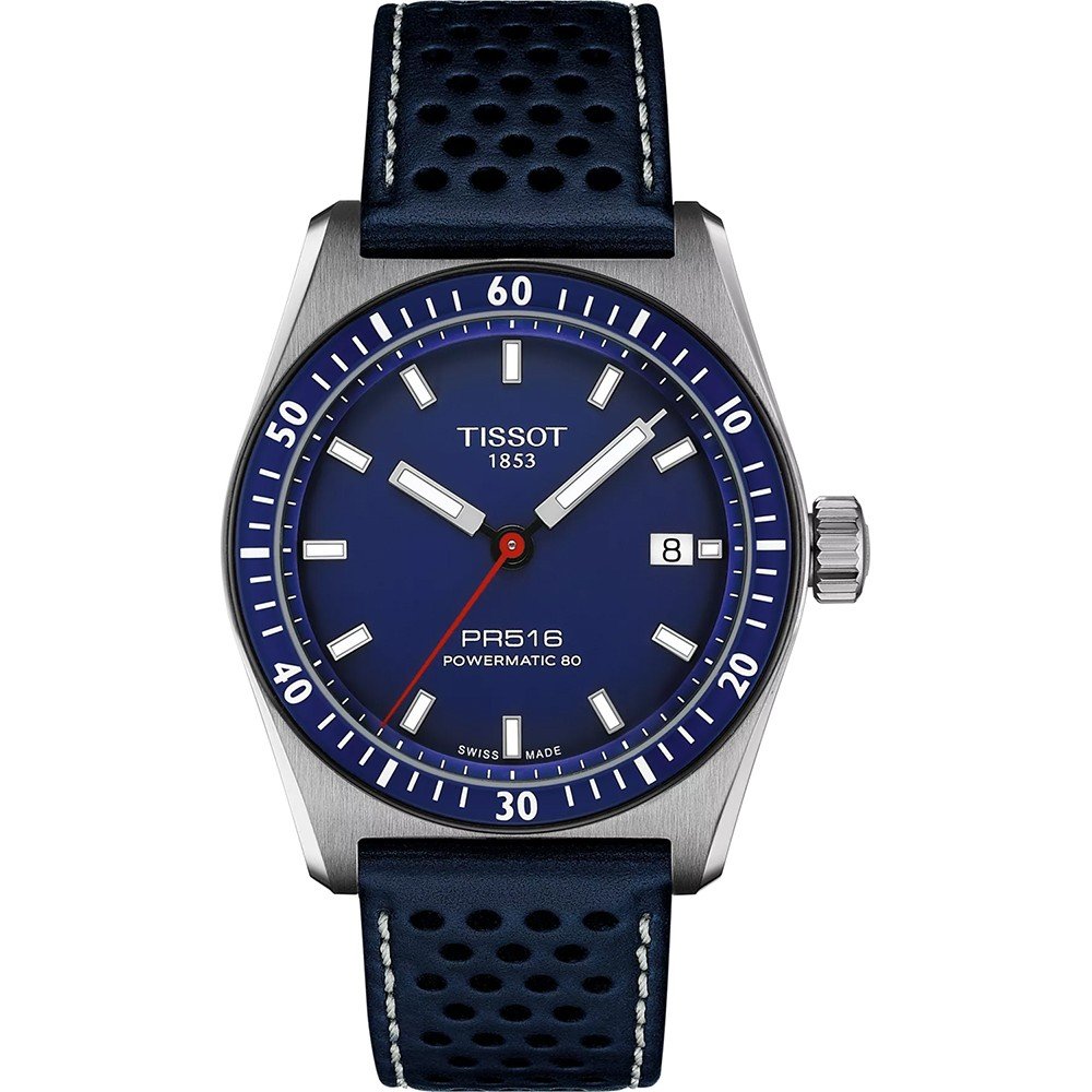 Zilveren horloge met blauwe wijzerplaat, rode accenten en een blauw leren band met perforaties.