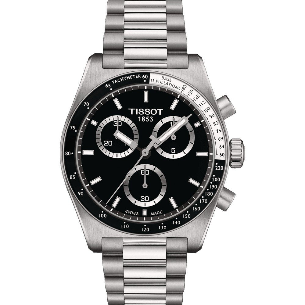 Zilveren chronograaf met zwarte wijzerplaat en drie sub-dials, metalen schakelband.