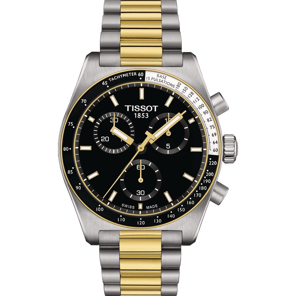 Zilveren chronograaf met zwarte wijzerplaat, gouden accenten en een twee-kleurige schakelband.