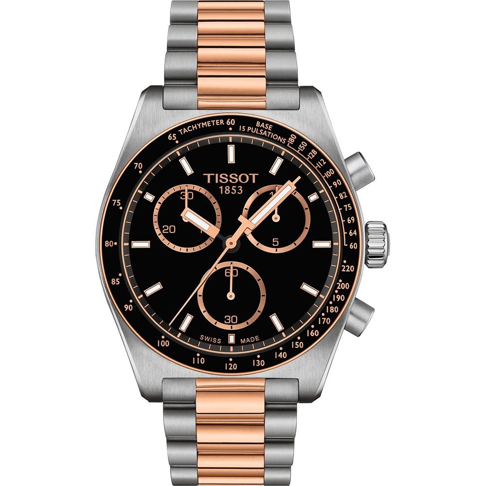 Zilveren chronograaf met zwarte wijzerplaat en roségouden accenten, voorzien van een metalen schakelband.