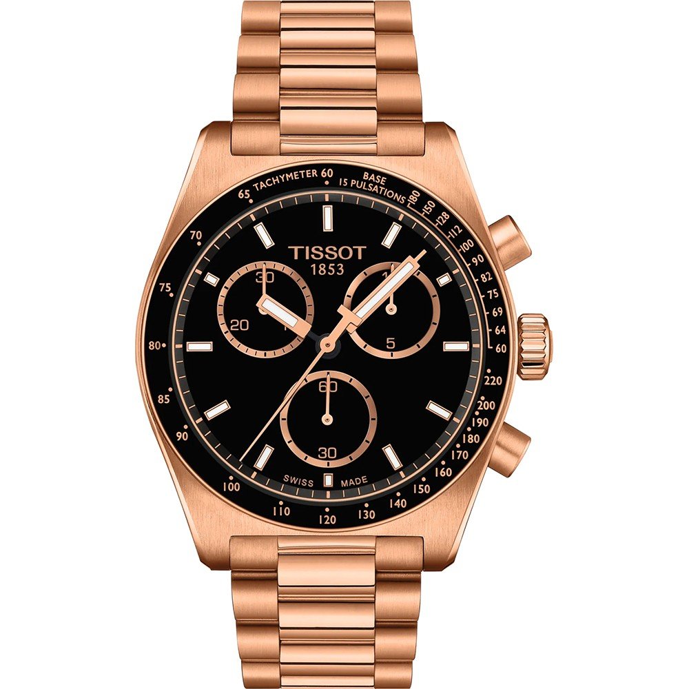 Roségouden chronograaf met zwarte wijzerplaat en drie subdials, voorzien van een schakelband.