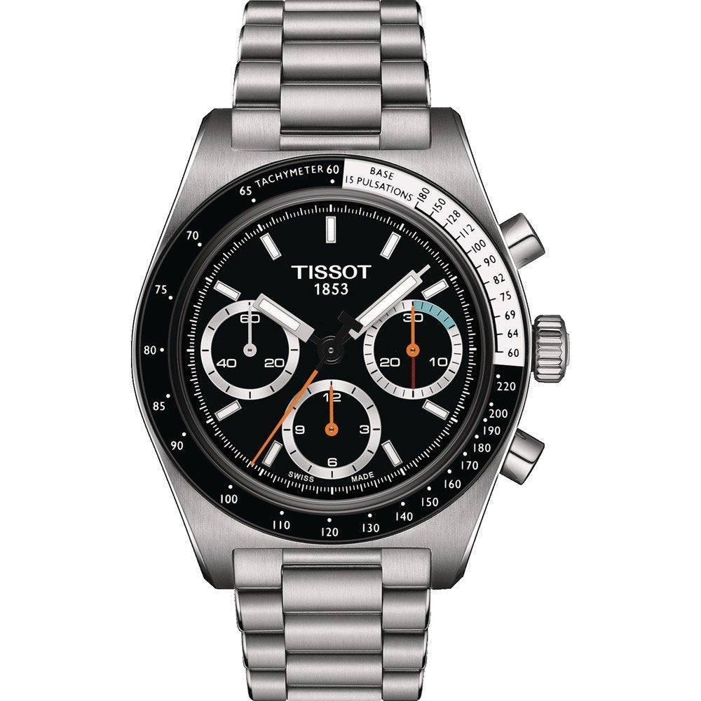 Zilveren chronograaf met zwarte wijzerplaat, drie sub-dials en een metalen schakelband.
