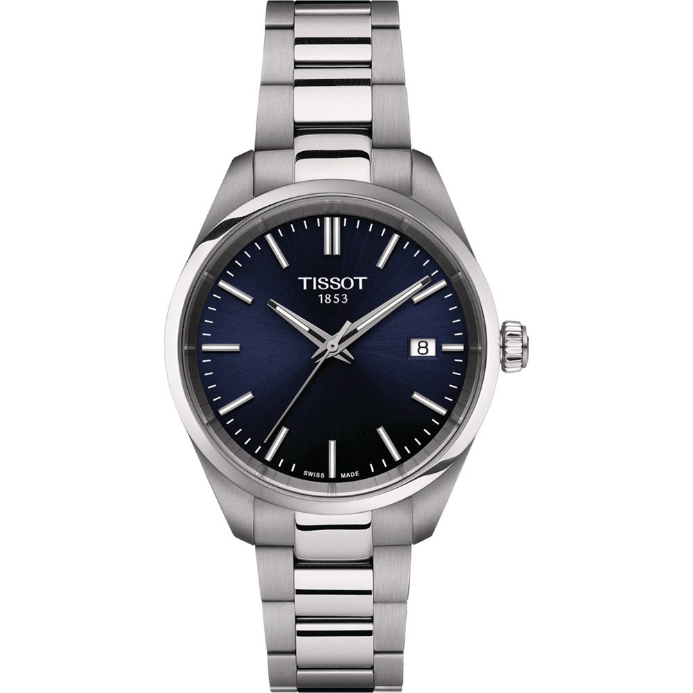 Stalen horloge met een blauwe wijzerplaat, zilveren indexen en een datumaanduiding op 3 uur.
