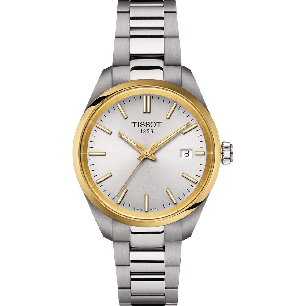 Stalen horloge met een zilverkleurige wijzerplaat en gouden bezel, voorzien van een datumaanduiding.
