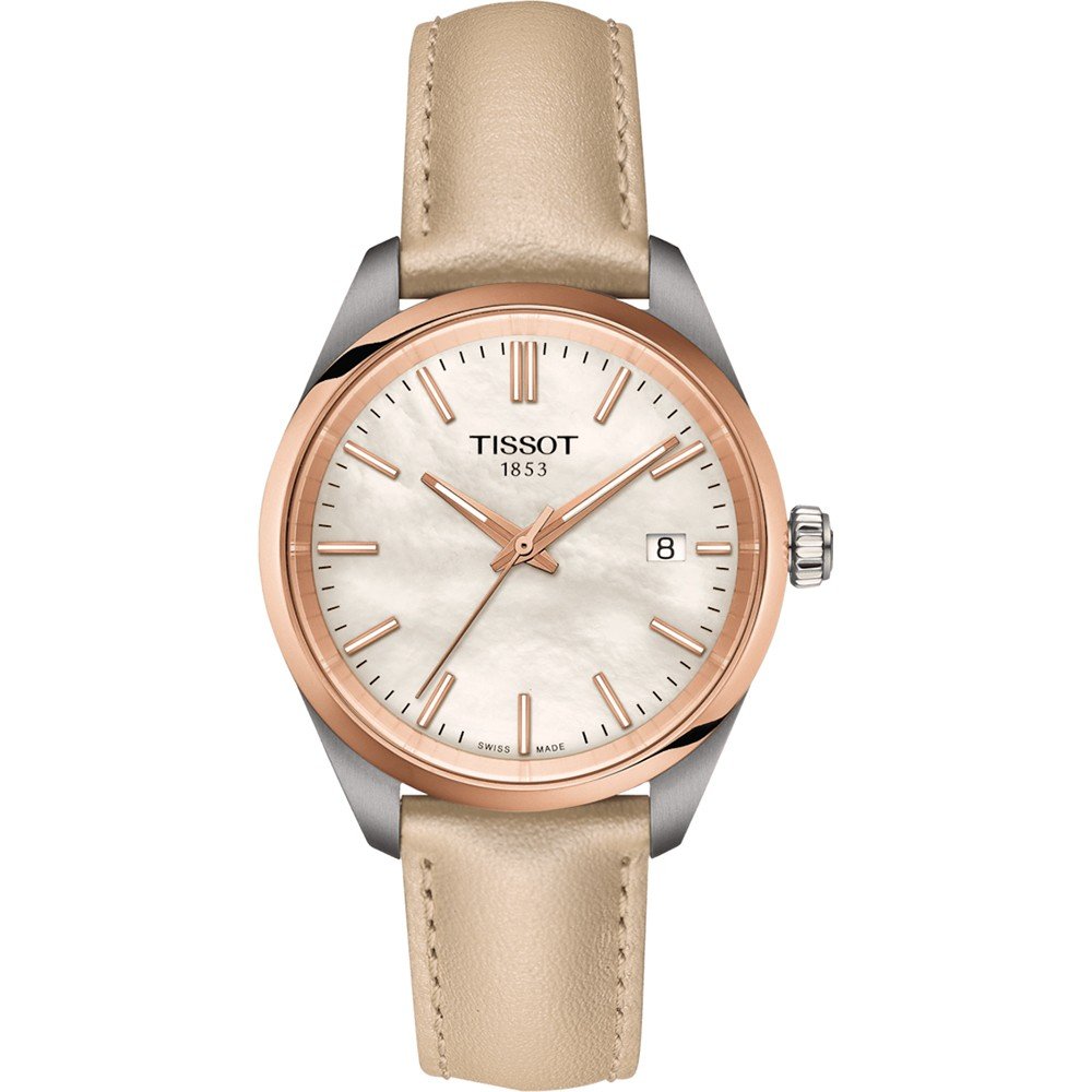 Roestvrijstalen horloge met een parelmoeren wijzerplaat, roségouden bezel en een beige leren band.