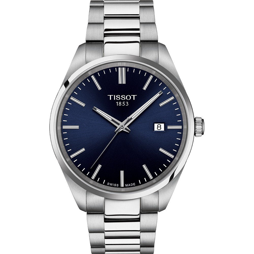 Zilveren horloge met een blauwe wijzerplaat, stalen schakelband en datumweergave.