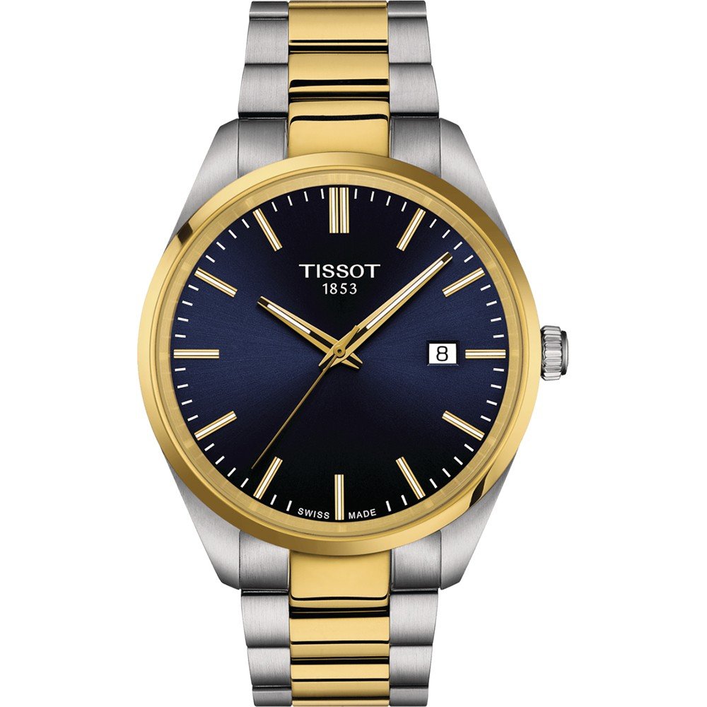 Zilveren horloge met gouden bezel, blauwe wijzerplaat en een stalen schakelband.