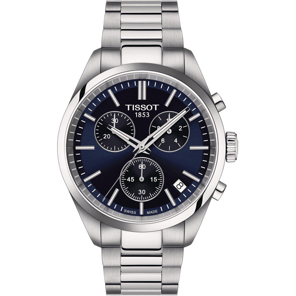 Zilveren chronograaf met een blauwe wijzerplaat en drie subdialtjes, voorzien van een metalen schakelband.