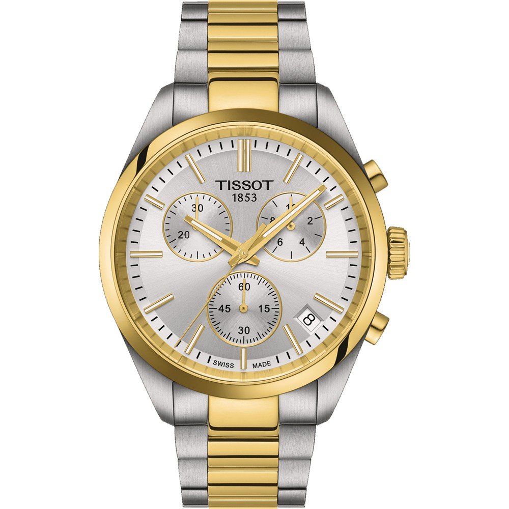 Stalen chronograaf met zilveren wijzerplaat, gouden accenten en een gouden/stalen schakelband.