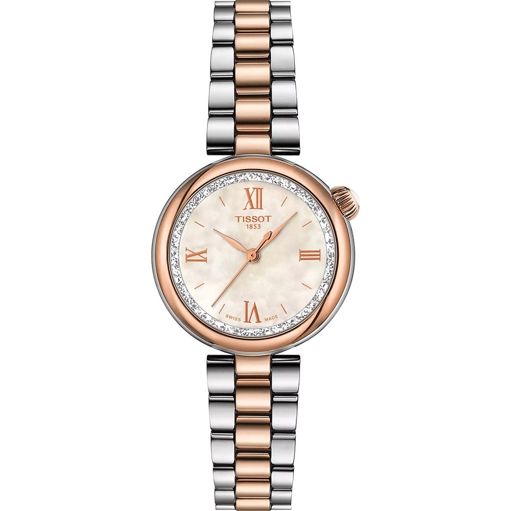 Roségouden en zilveren horloge met parelmoeren wijzerplaat en diamantaccenten.