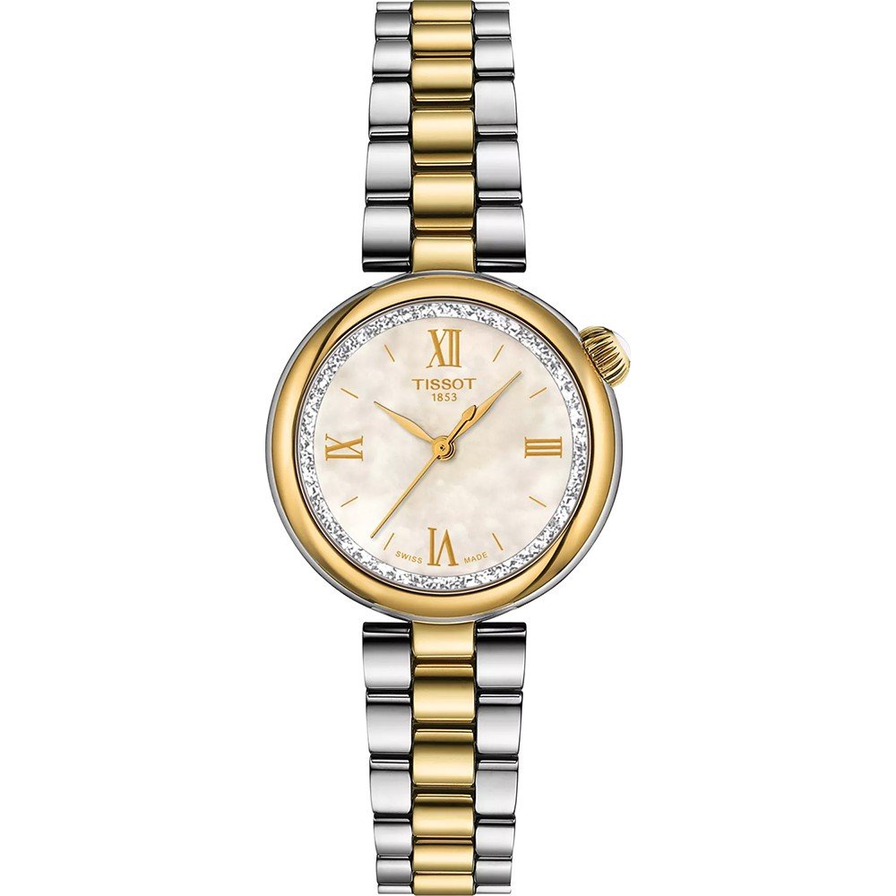 Gouden en zilveren horloge met een parelmoeren wijzerplaat en diamantaccenten.