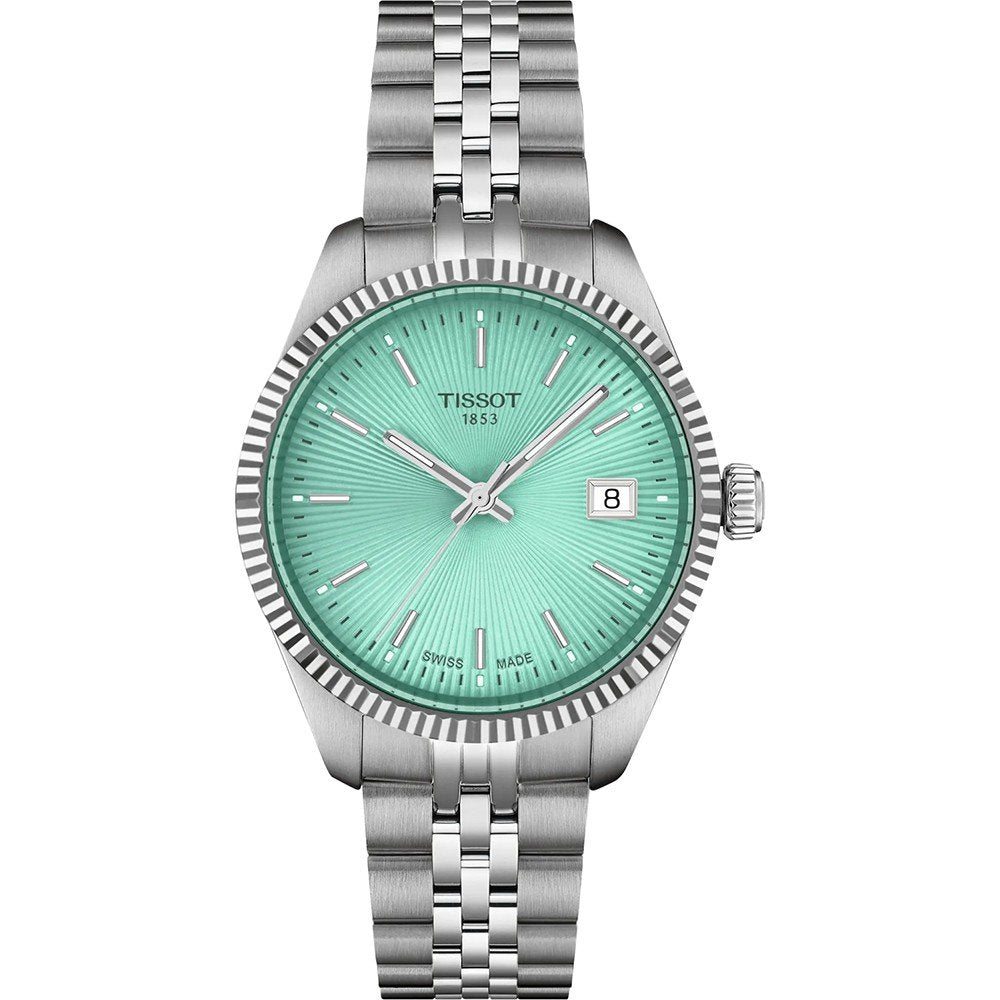 Stalen horloge met een mintgroene wijzerplaat, datumweergave en een schakelband.