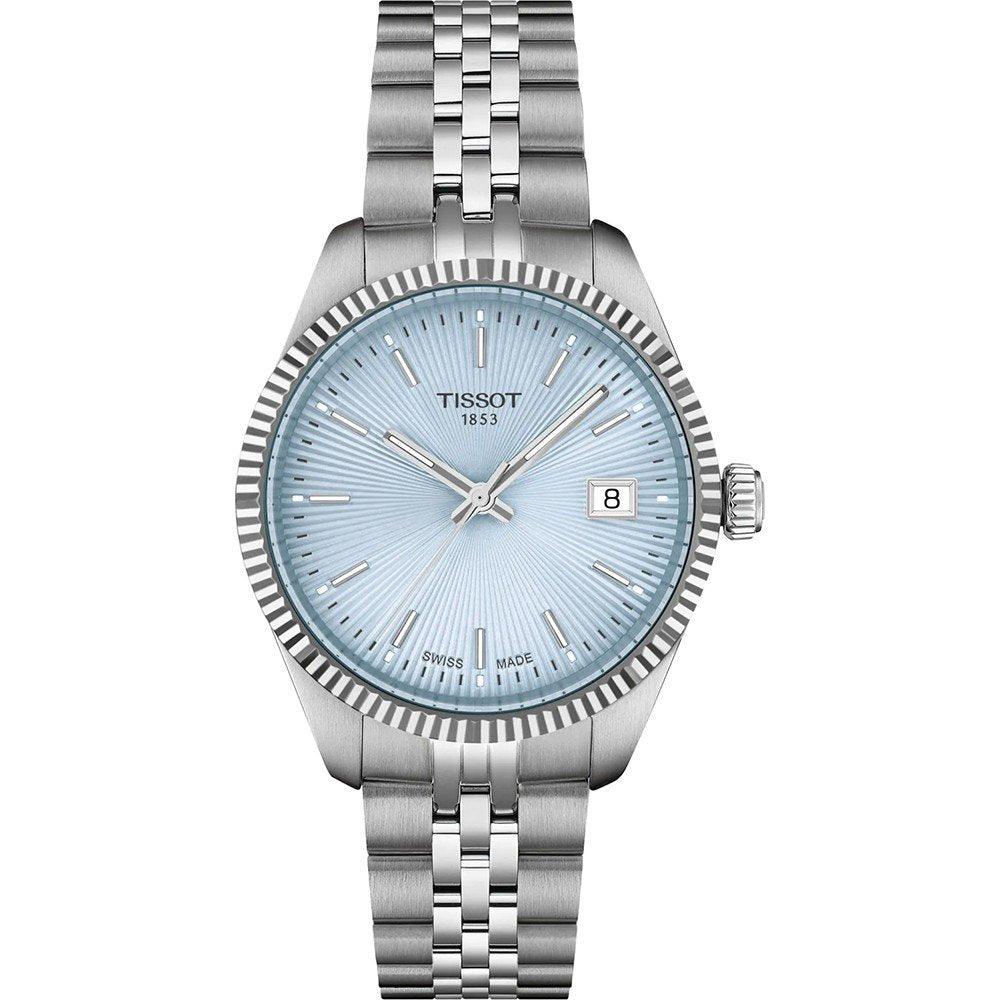 Stalen horloge met een lichtblauwe wijzerplaat, zilveren mesh-band en datumweergave.
